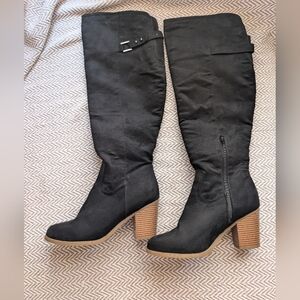 Sugar Black Over the Knee Boots with Tan Heel Baddie